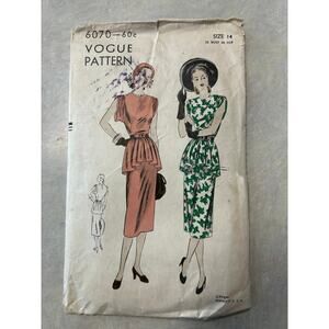 Vintage 1940's Vogue Pattern #6070 One Piece Women's Peplum Dress Size 14